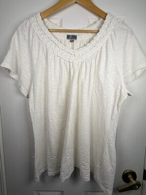 JM Collection Off White Crochet Trim Top Women's XL 100% Cotton Short Sleeve
